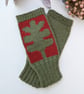 Knitted Autumn Leaf Fingerless Gloves, Olive Green & Rust Wrist Warmers - Image 5