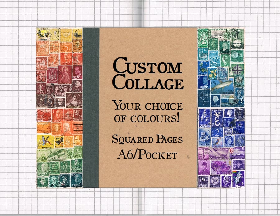 SQUARED A6 NOTEBOOK, Custom Colours - upcycled vintage world postage stamp art