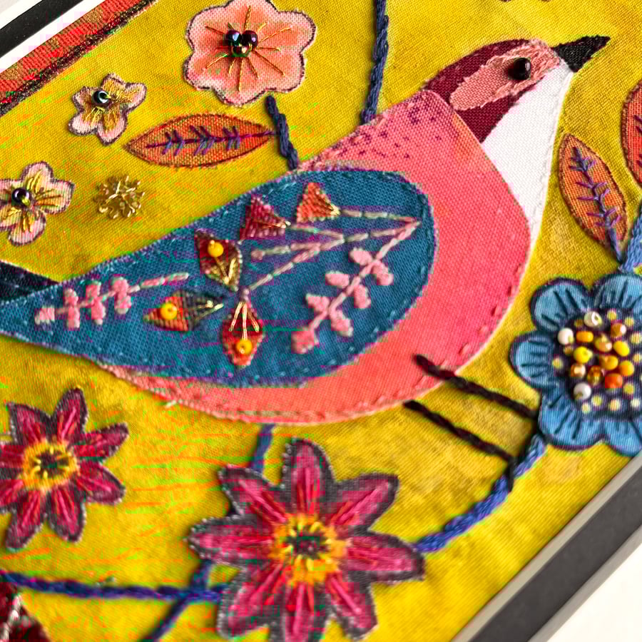 Folk bird, hand stitched picture, textile artwork bird and flowers, 