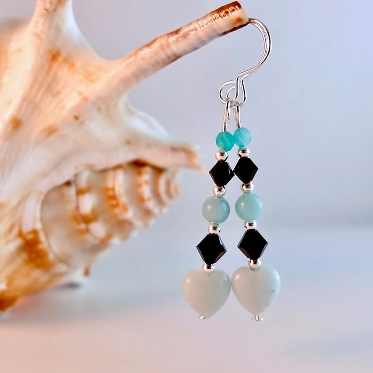 Amazonite Heart Earrings, Black Crystals, Birthday, Anniversary, Gifts For Her