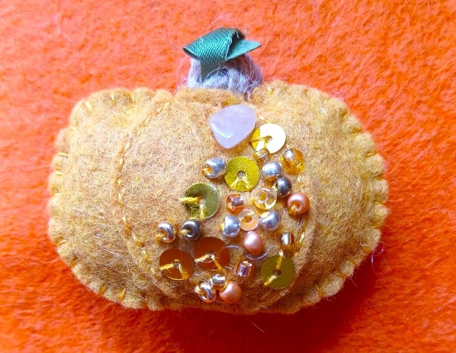 Handmade Felt Pumpkin Brooch Mustard Yellow