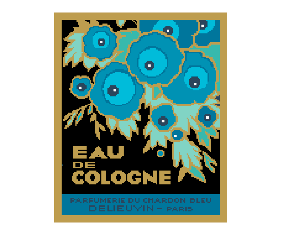 182B Cross Stitch Vintage 1920s Art Deco Eau de Cologne Label Chardon Bleu No.2