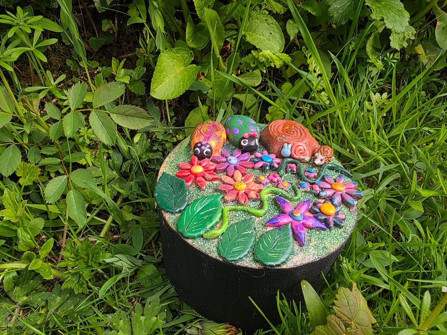 Hand decorated wooden box with polymer clay love bugs