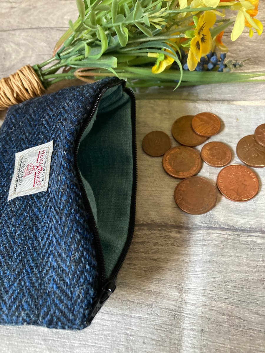 Harris Tweed Coin Purse Blue Black Herringbone