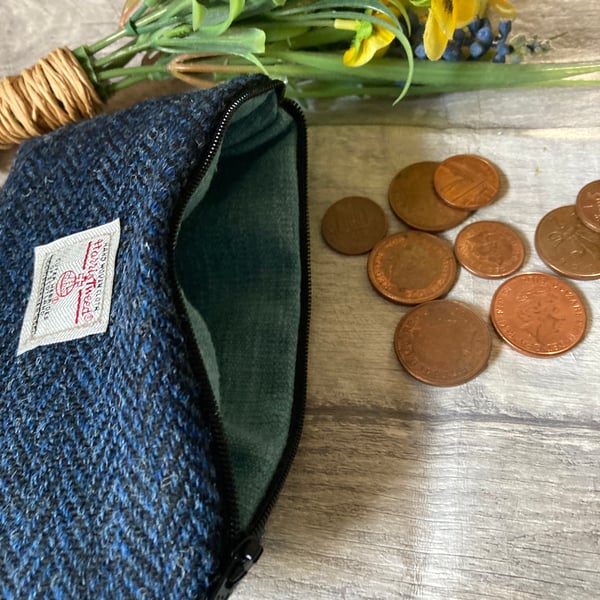 Harris Tweed Coin Purse Blue Black Herringbone