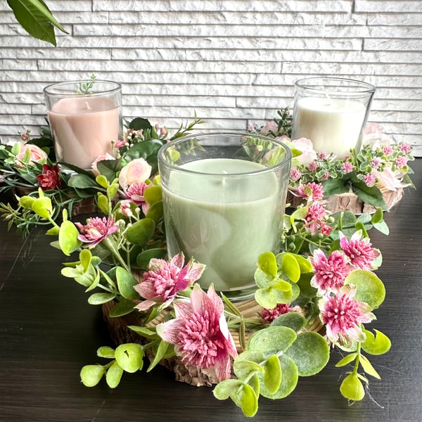 Pink floral table centrepiece candle holder , summer party decor arrangement 
