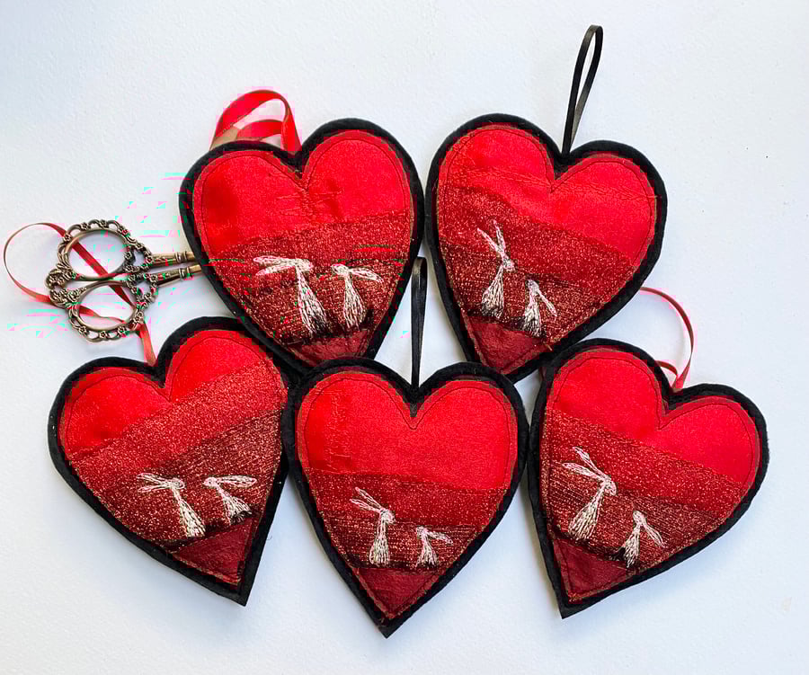 Upcycled embroidered Valentines heart and hares home decoration. 