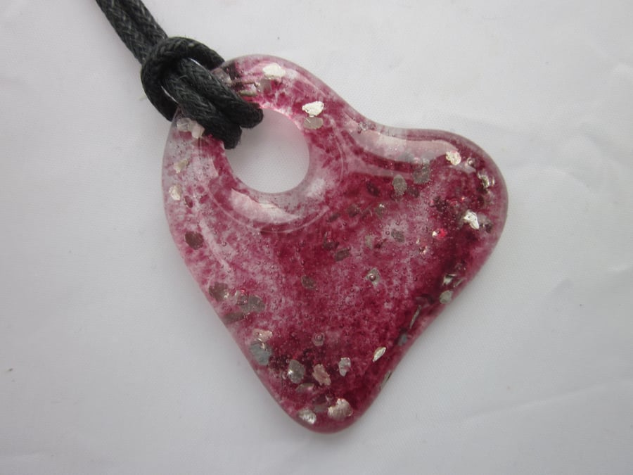 Handmade cast glass pendant - Heart of glass - Blush silver sparkle