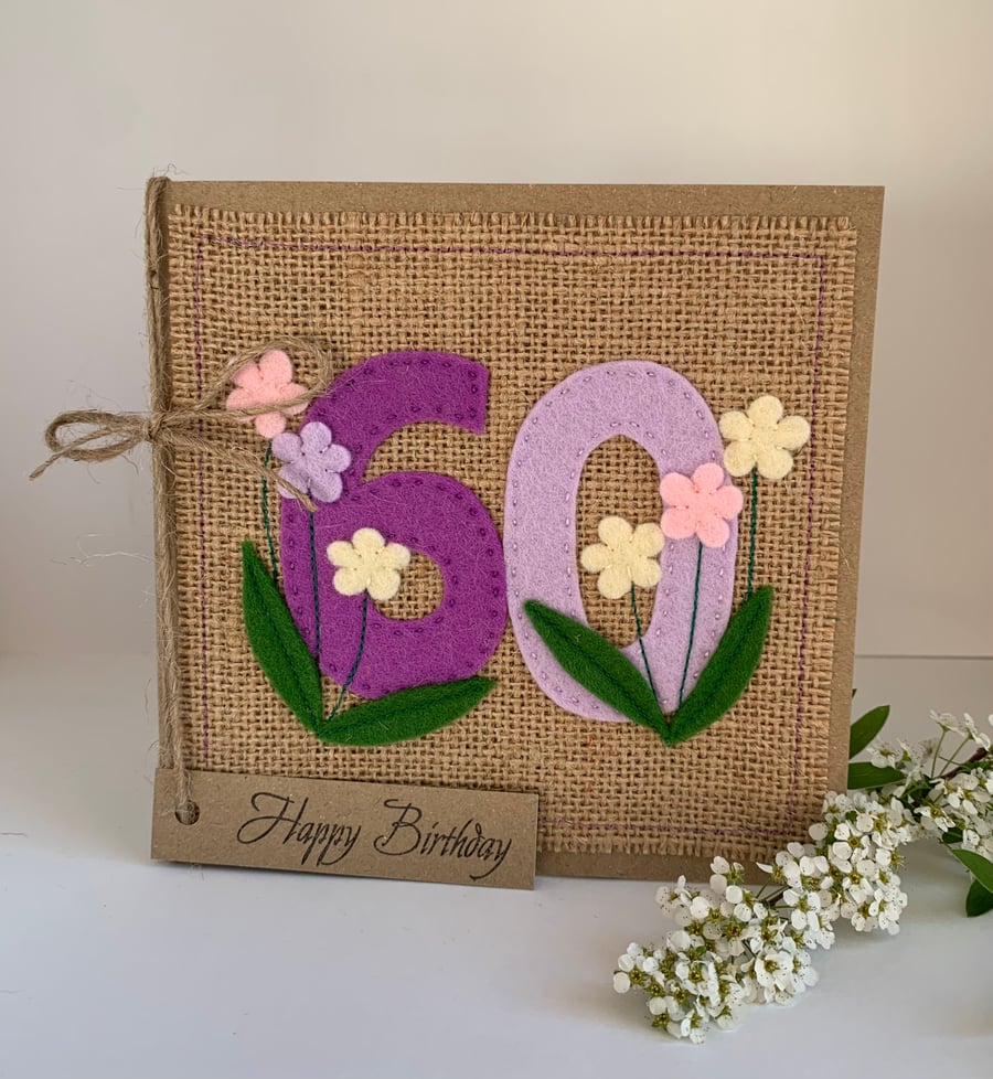 Handmade 60th Birthday Card from wool felt. Keepsake Card. Textile Card.