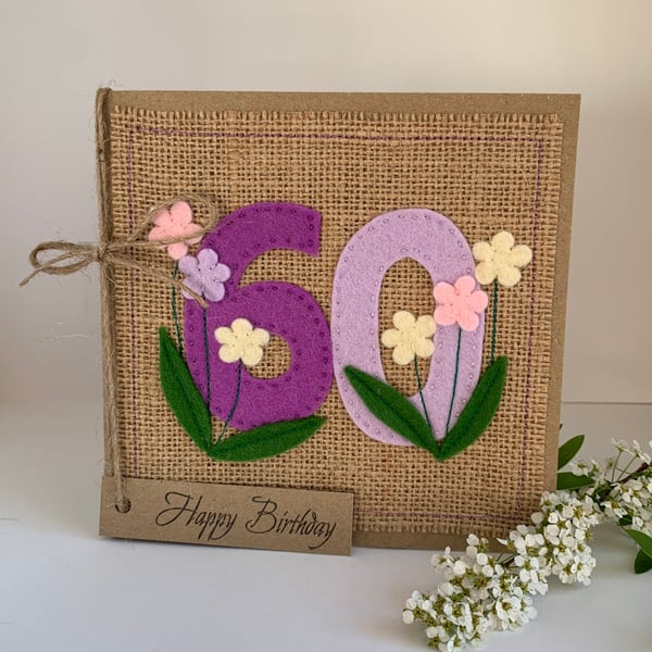 Handmade 60th Birthday Card from wool felt. Keepsake Card. Textile Card.