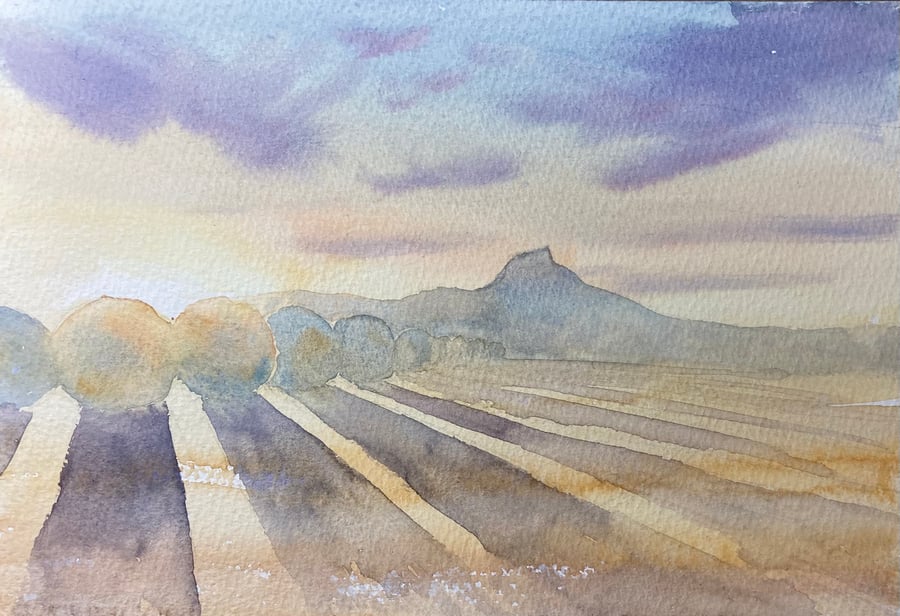 Roseberry topping sunrise (Original Watercolour FULLY MOUNTED 12x10 ) 