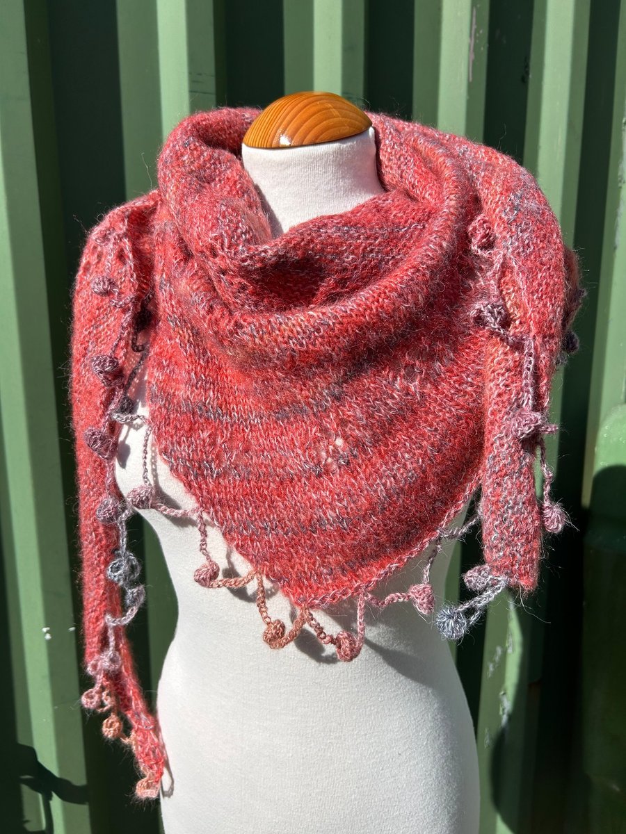 Silk Mohair Red Hand Knitted Lace Shawlette Scarf