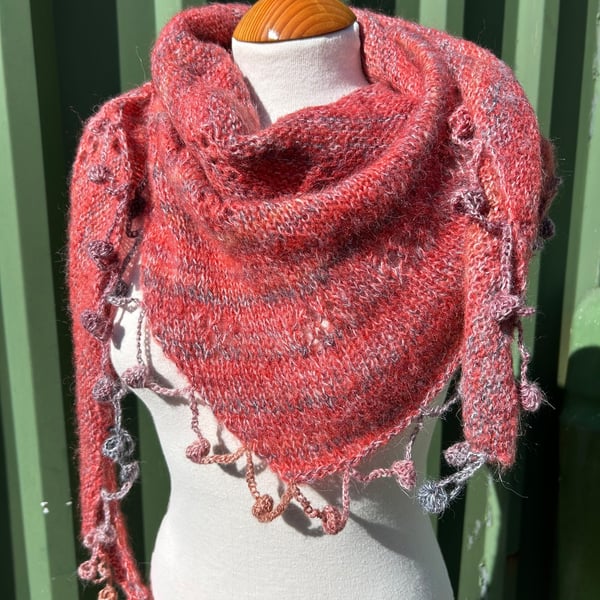 Silk Mohair Red Hand Knitted Lace Shawlette Scarf