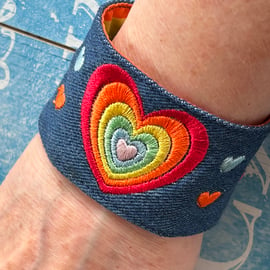 Embroidered Rainbow Heart cuff bracelet Pride LGBTQ made to order 