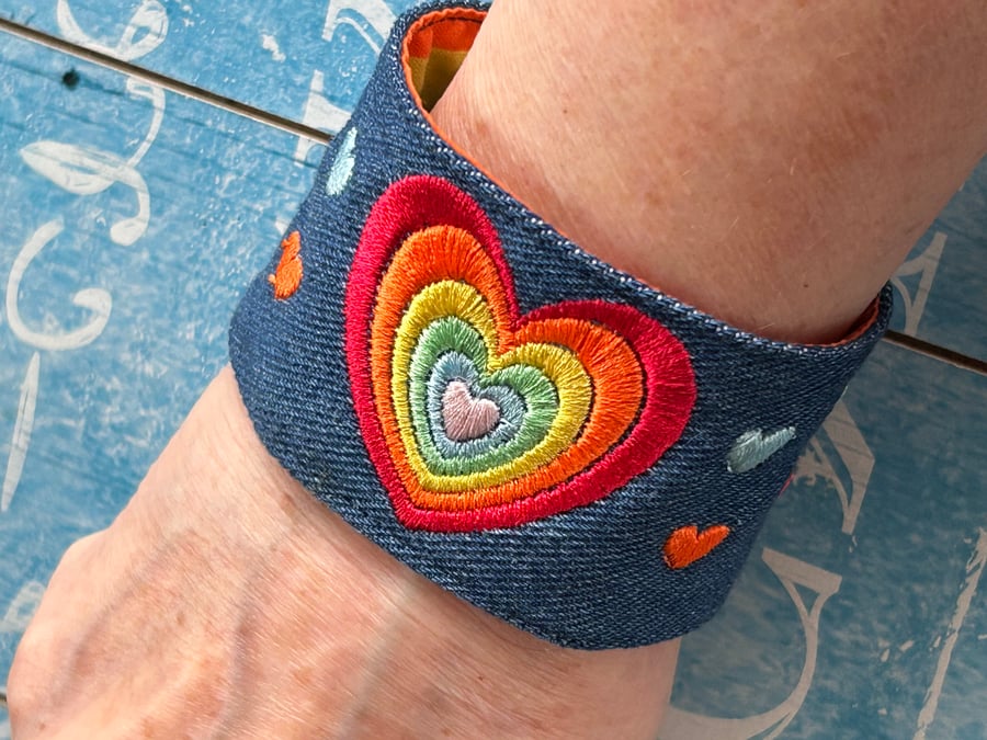 Embroidered Rainbow Heart cuff bracelet Pride LGBTQ made to order 