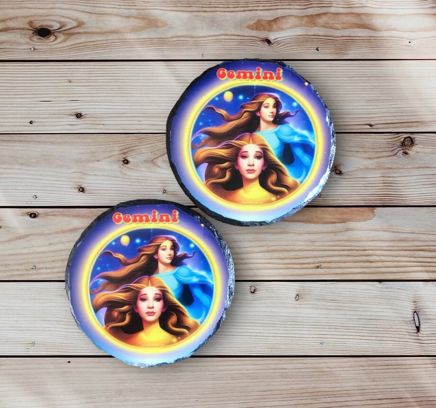 Gemini Star Sign Round Rock Slate Coasters Set Of 2. Birthday Christmas Coaster