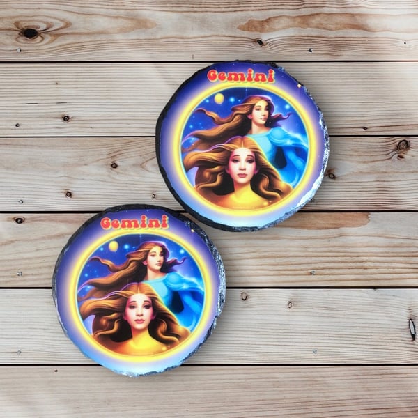 Gemini Star Sign Round Rock Slate Coasters Set Of 2. Birthday Christmas Coaster