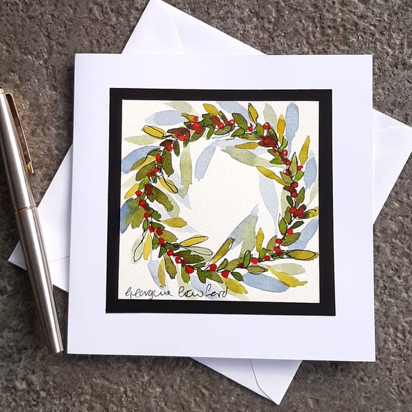 Handpainted Blank Christmas Card. Christmas Wreath with Red Berries