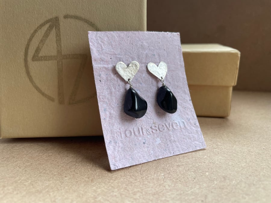 recycled silver heart earrings with black stone  beads.