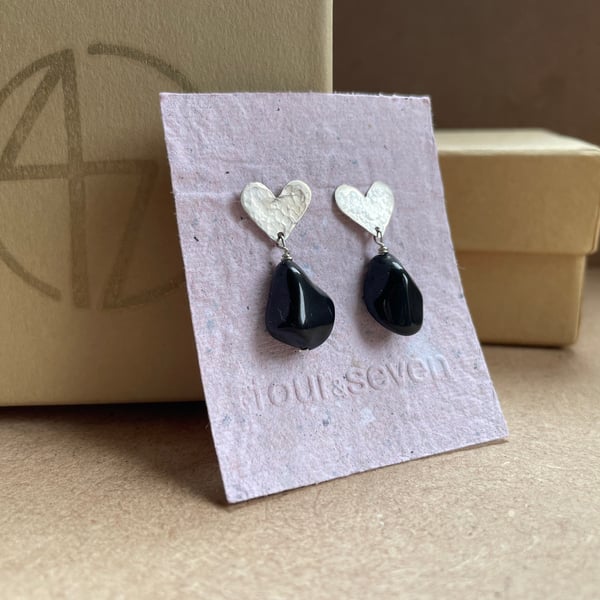 recycled silver heart earrings with black stone  beads.