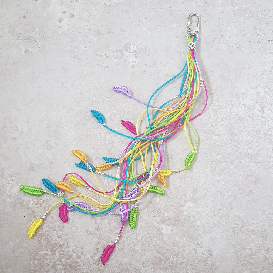 Bright Rainbow Bag Charm, Long Boho Beaded Tassel, Macrame Handbag Decorat
