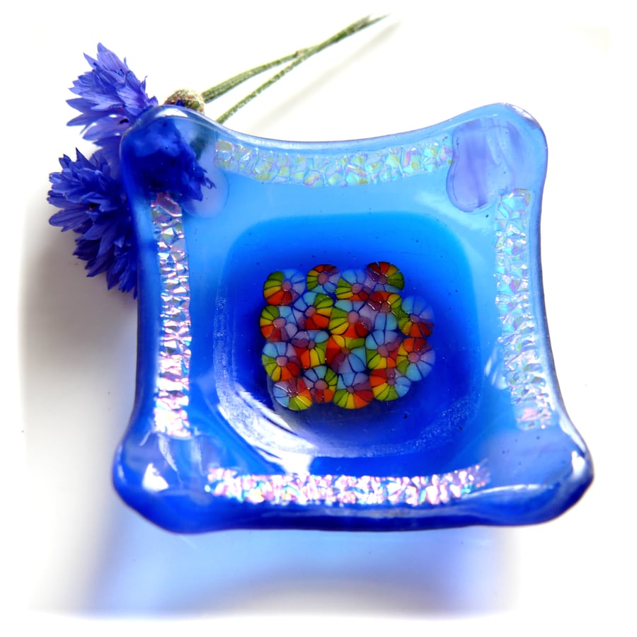 Pale Blue Ring Earring Fused Glass Dish Dichroic Millefiori Gift Art Handmade