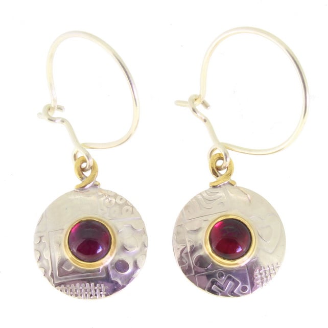 Handmade round garnet earrings, sterling silver, unique pattern. Gemstone choice