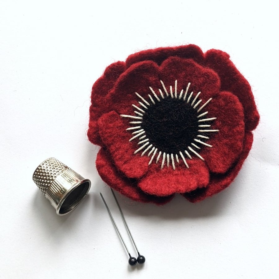 Felted flower brooch - red anemone