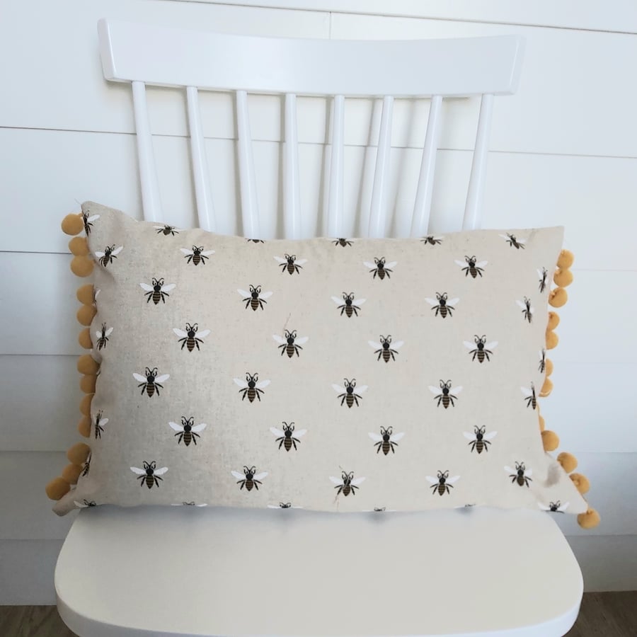 Bees  Cushion Cover with Mustard  Pom Poms