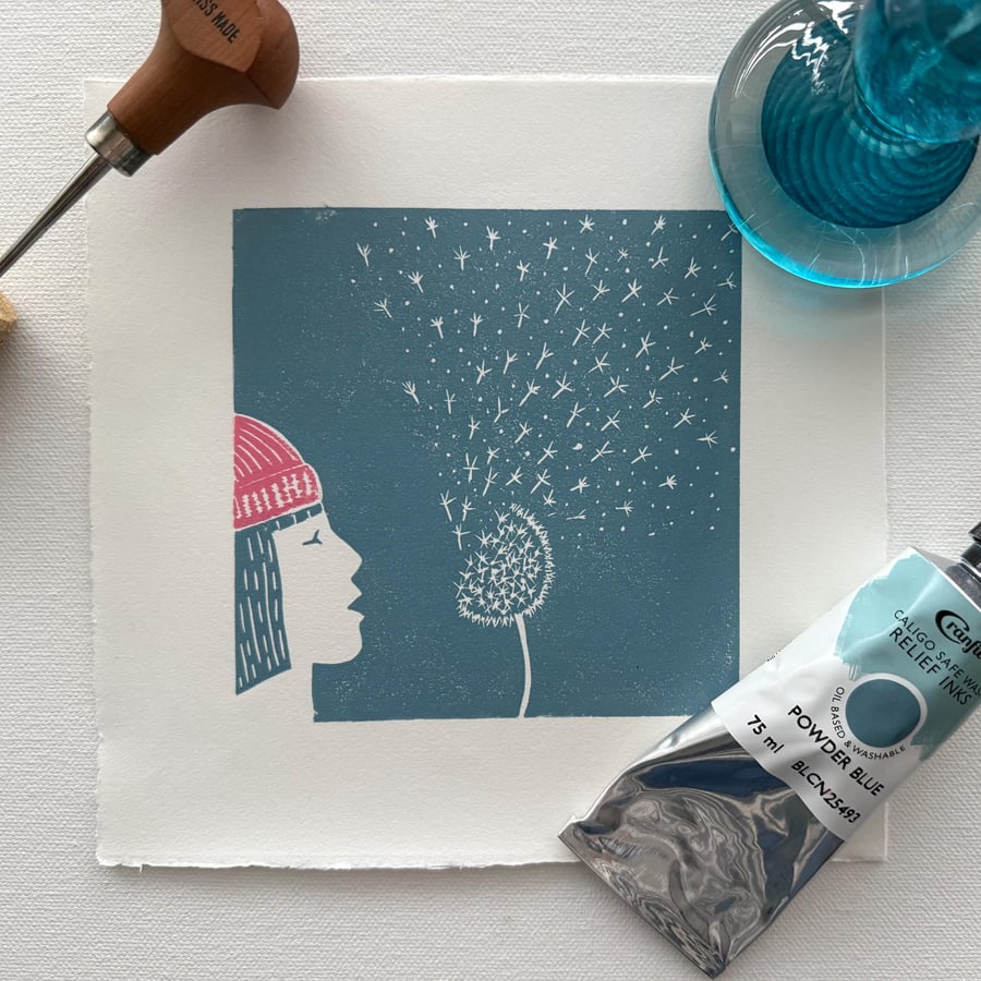 Make A Wish Linoprint: Hand-Burnished Lino Cut
