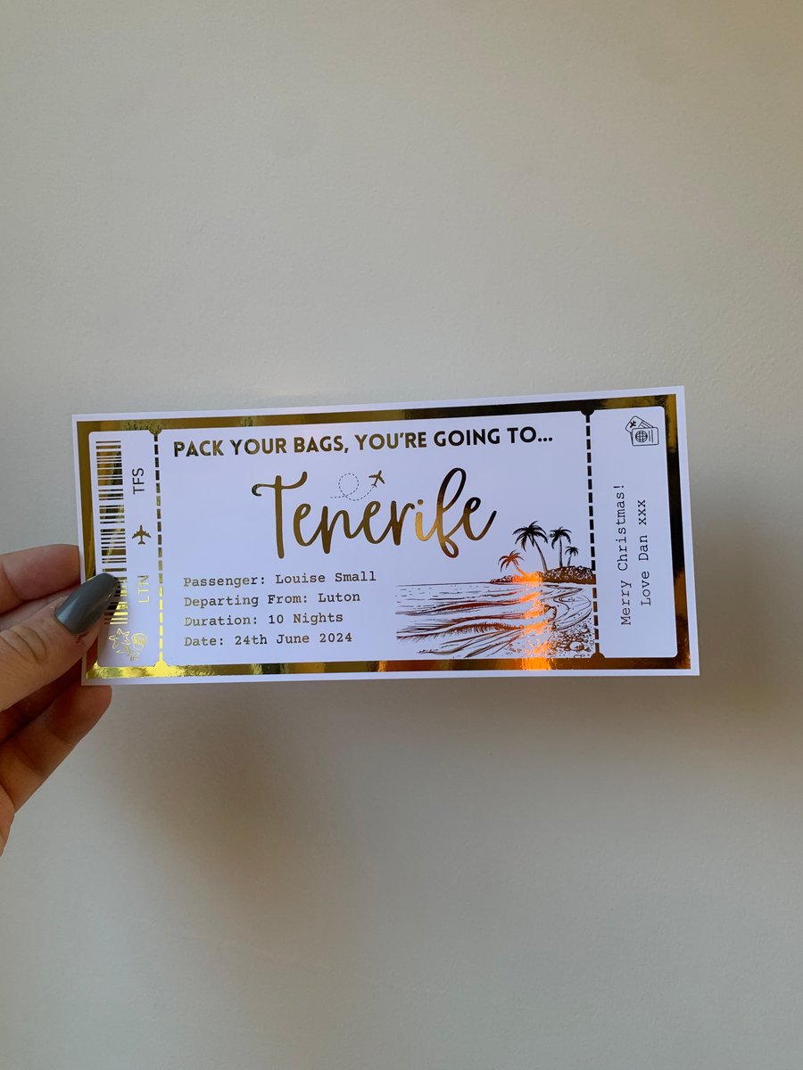 Tenerife Spain Boarding Pass, Any Personalised Holiday Foil Gift Ticket Voucher