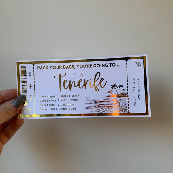 Tenerife Spain Boarding Pass, Any Personalised Holiday Foil Gift Ticket Voucher