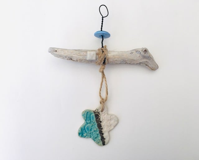 Driftwood wall hanger, clay charm, gift idea, birthday, unique pottery 