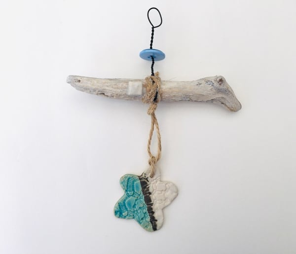 Driftwood wall hanger, clay charm, gift idea, birthday, unique pottery 