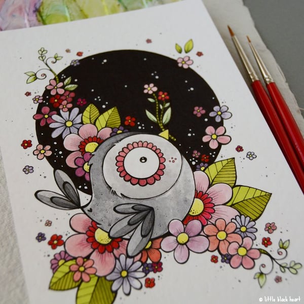 grey bird in bloom - original A6 illustration