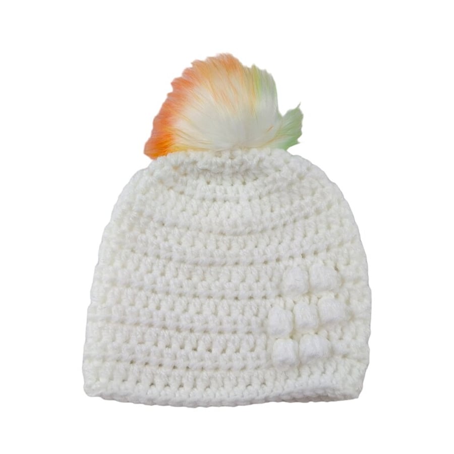 White baby crocheted hat white faux fur pompom with orange yellow & green 