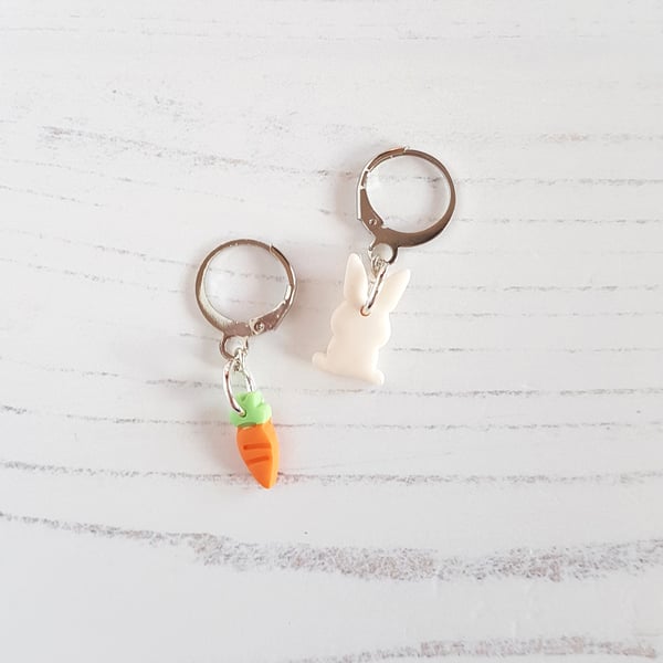 Mini size bunny and carrot huggie hoop earrings, mix and match ONE PAIR SUPPLIED