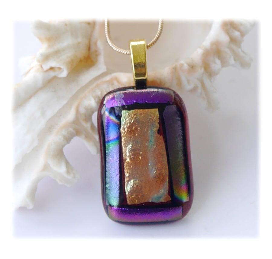 Plum Dichroic Glass Pendant 166 Gold Shimmer  with gold plated chain