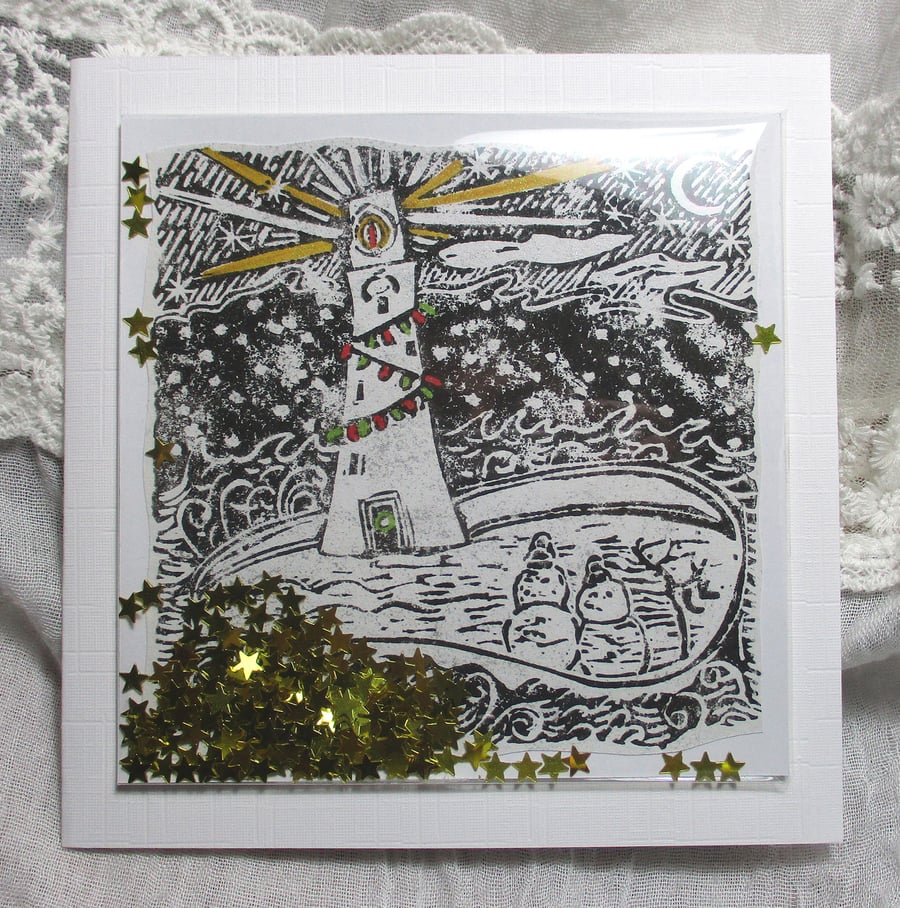 Handprinted Christmas Shaker Card (with Glitter Stars) with Original Linocut