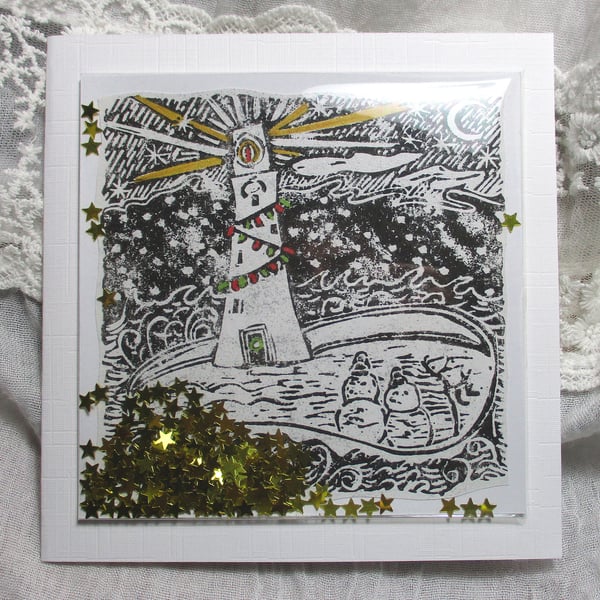 Handprinted Christmas Shaker Card (with Glitter Stars) with Original Linocut