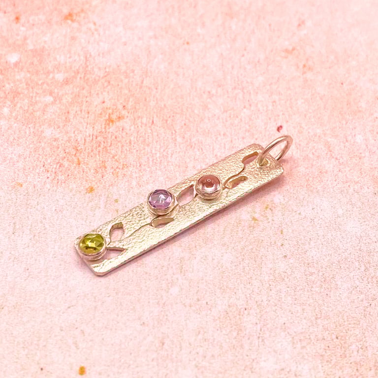 Floral Silver Gemstone Pendant with Amethyst Peridot and Tourmaline 