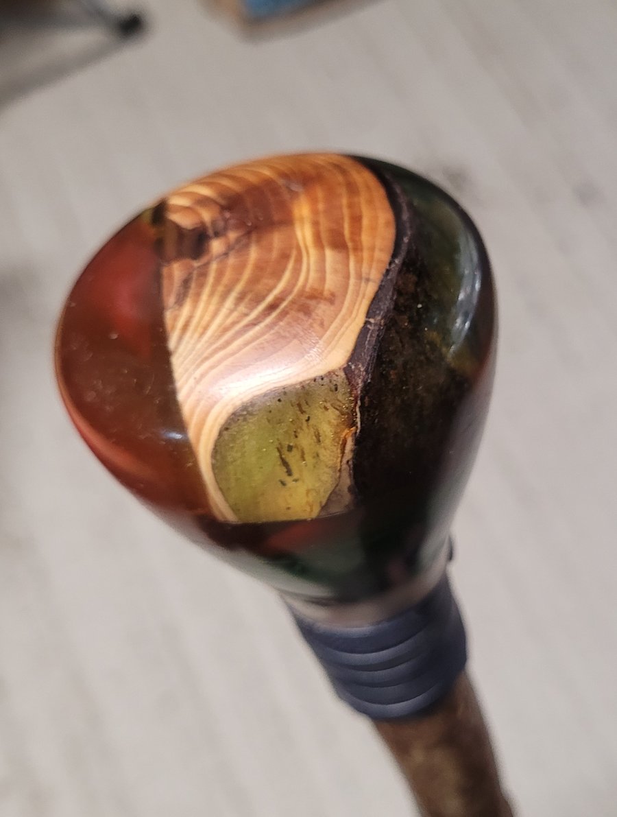 Resin and yew head hazel shaft walking stick