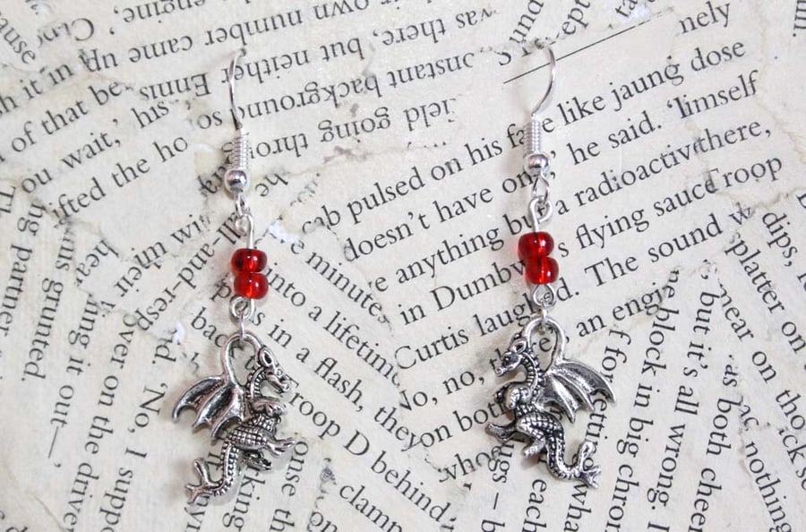 Silver Dragon Charm Red Bead Earrings 