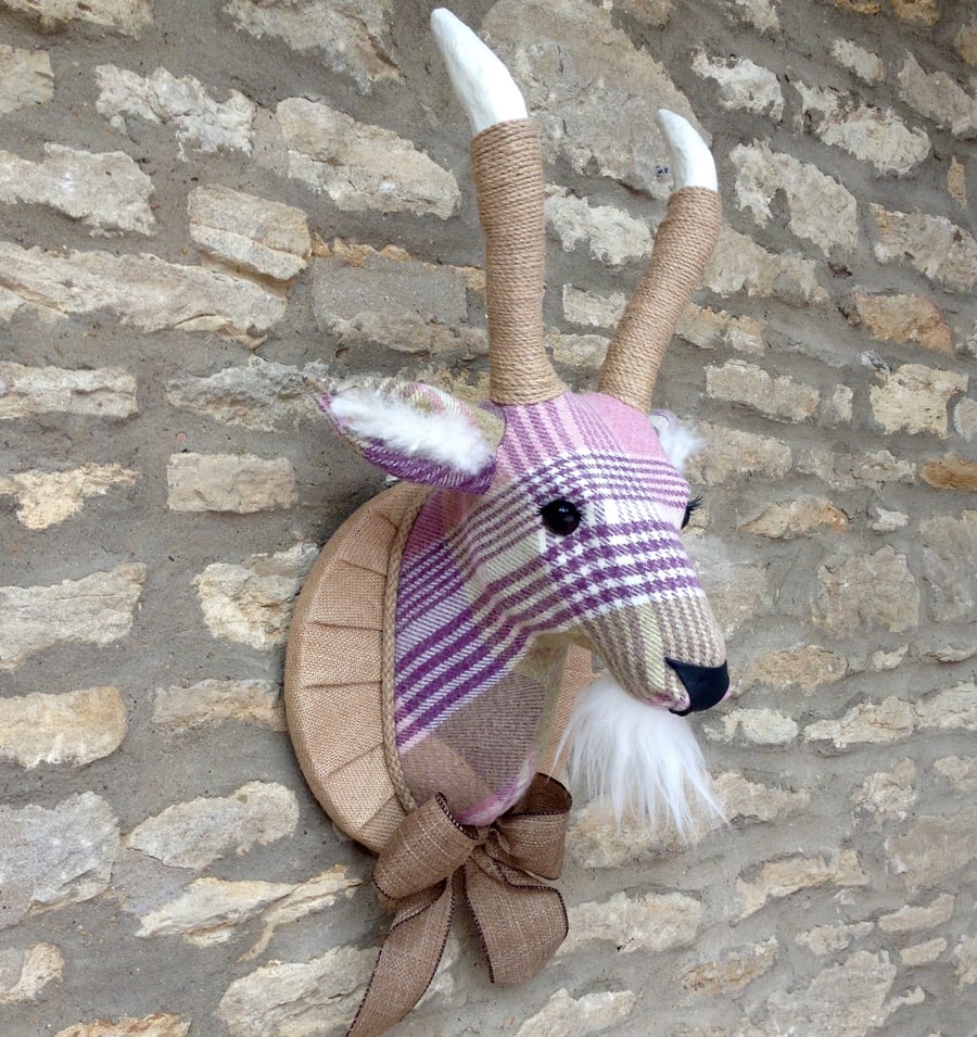 Handmade plaid billy goat head faux taxidermy heather lavender olive trophy