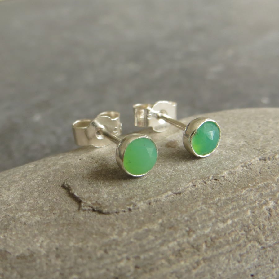 Tiny green stud earrings, Chrysoprase studs
