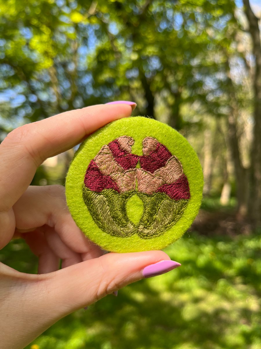 Green hand embroidered floral brooch, stitched flower brooch pin 