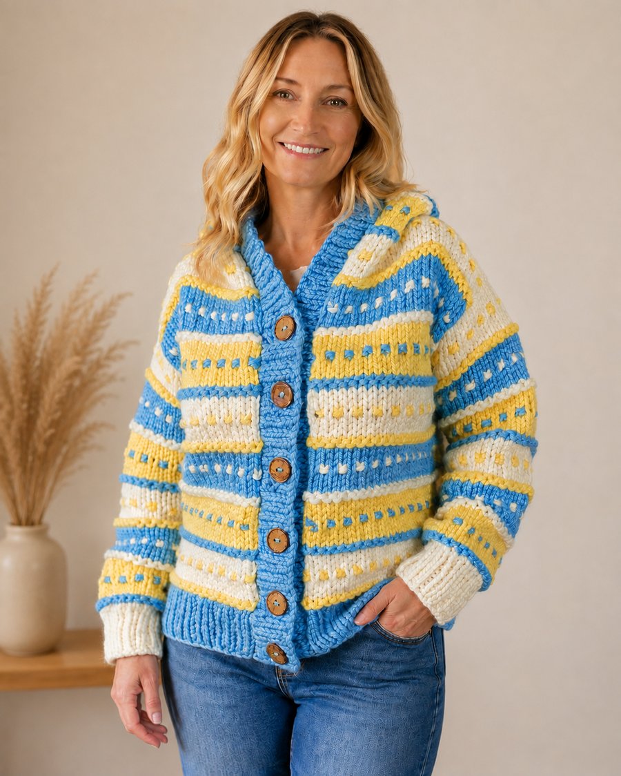 Ladies Super-chunky Hooded Hand-knitted Cardigan in Blue, Yellow & White 
