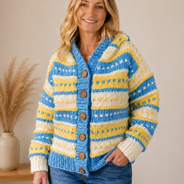 Ladies Super-chunky Hooded Hand-knitted Cardigan in Blue, Yellow & White 