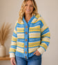 Ladies Super-chunky Hooded Hand-knitted Cardigan in Blue, Yellow & White 