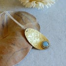 Hammered Brass Pendant Necklace with Aqua Jade; Mixed Metal Everyday Necklace